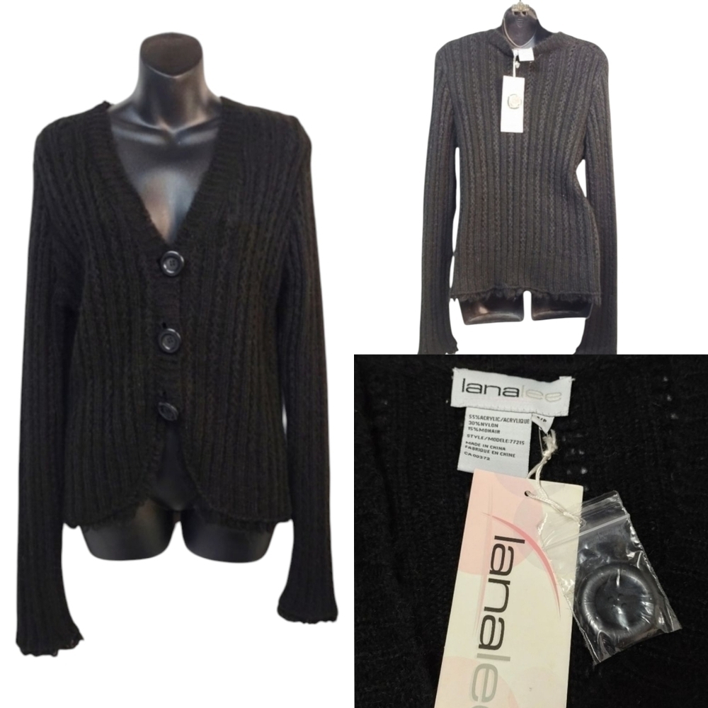 Lana Lee Womens Size S/p Black knit V-Neck Sweater Cardigan Button Soft Cozy NWT